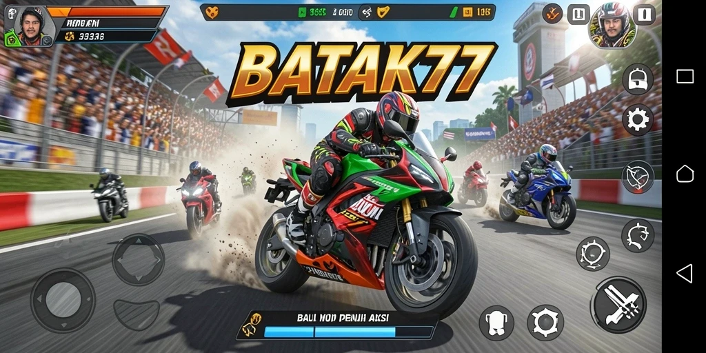 Tampilan gameplay BATIK77 dengan aksi balapan motor yang spektakuler.