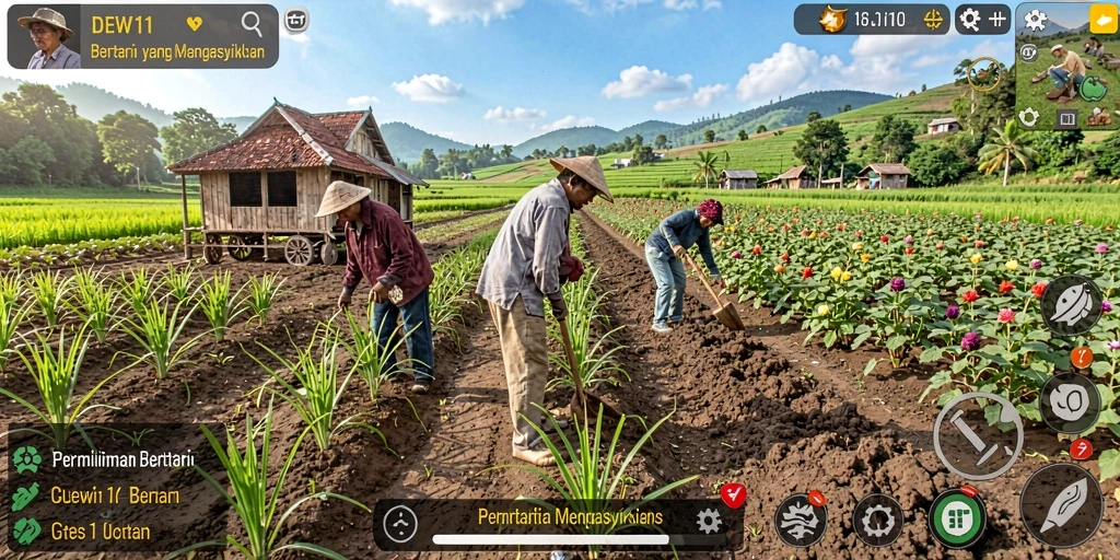 Tampilan screenshot gameplay DEWI11 yang menampilkan ladang bertani yang indah.