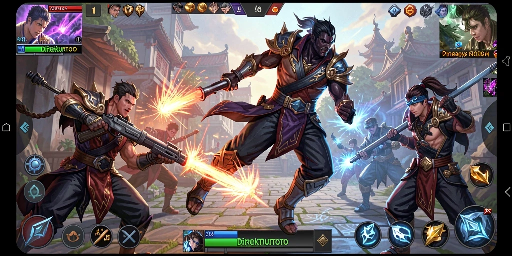 Screenshot gameplay <strong>DIREKTURTOTO</strong> yang menunjukkan pertarungan mendebarkan antar hero.