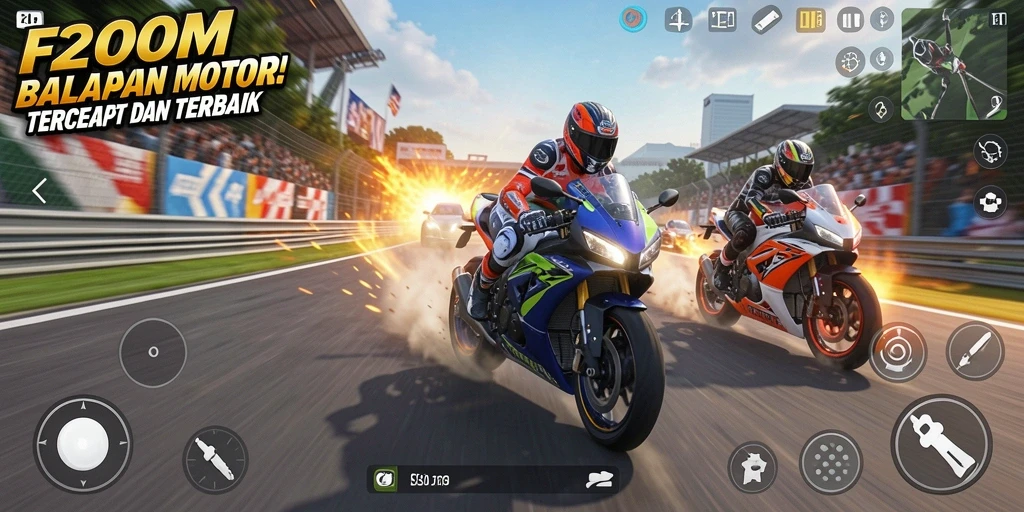 Screenshot F200M menampilkan aksi balap motor yang mendebarkan.