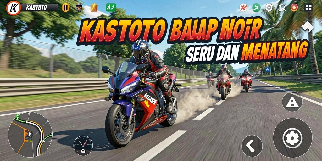 Screenshot gameplay KASTOTO yang menampilkan balapan motor yang menegangkan.