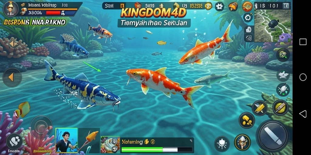 Gameplay menegangkan dalam KINGDOM4D saat menembak ikan berwarna-warni.