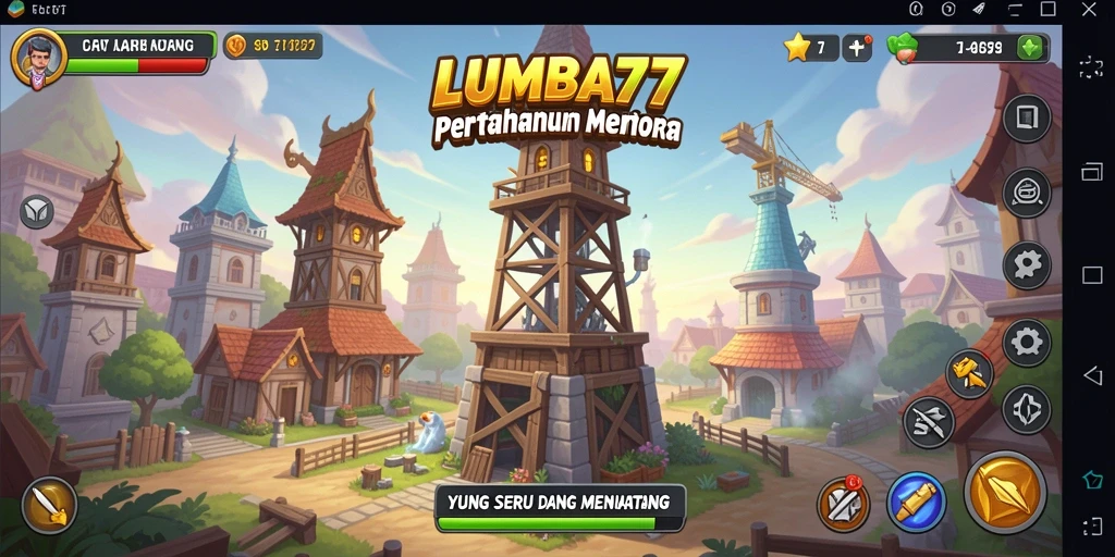 Screenshot gameplay LUMBA77 dengan aksi menara dan monster yang mendebarkan.