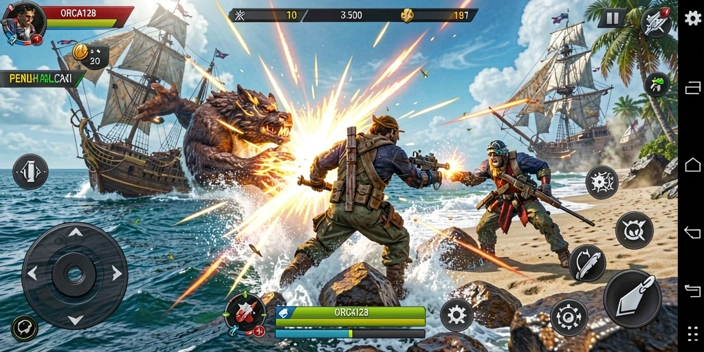 Screenshot utama ORCA128 menampilkan pertarungan epik di bawah laut.