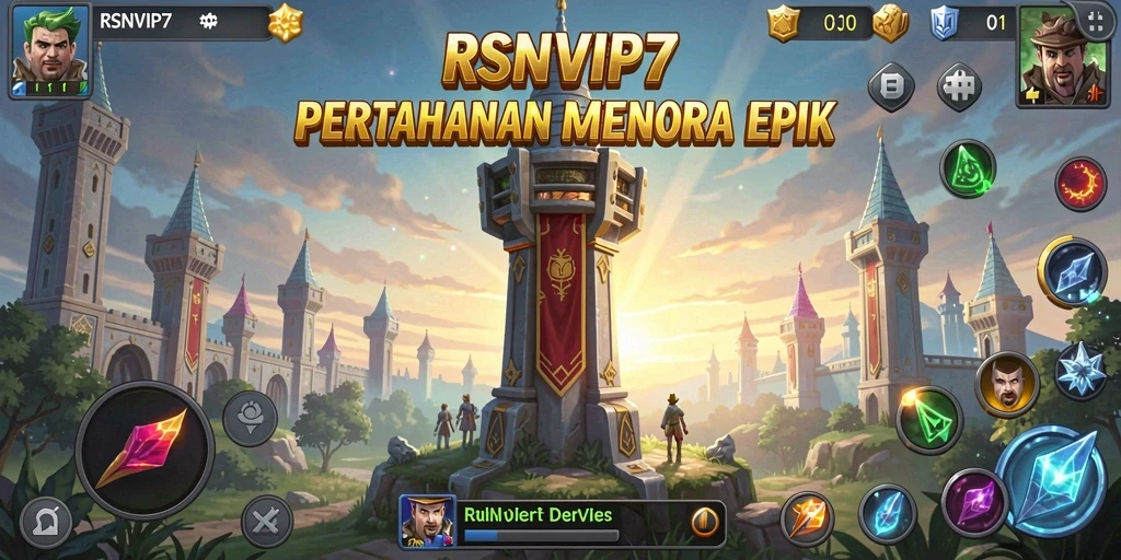 Tampilan gameplay RSNVIP7 dengan menara dan serangan musuh.